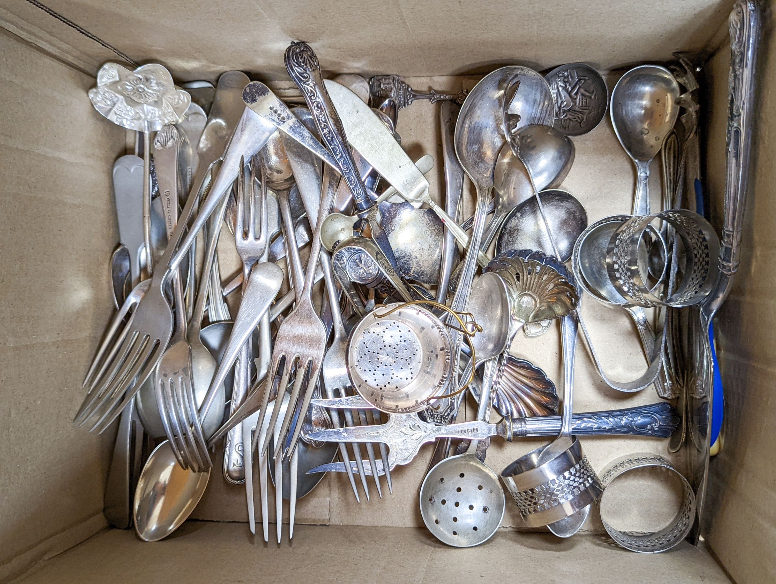 An oak cased canteen of mixed plated flatware together with other plated wares including 2 cased sets